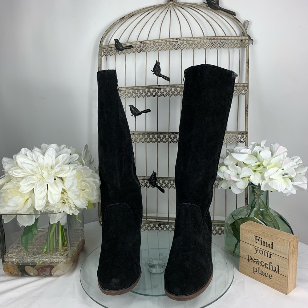 BearPaw Black Suede Knee-High Heeled Boots